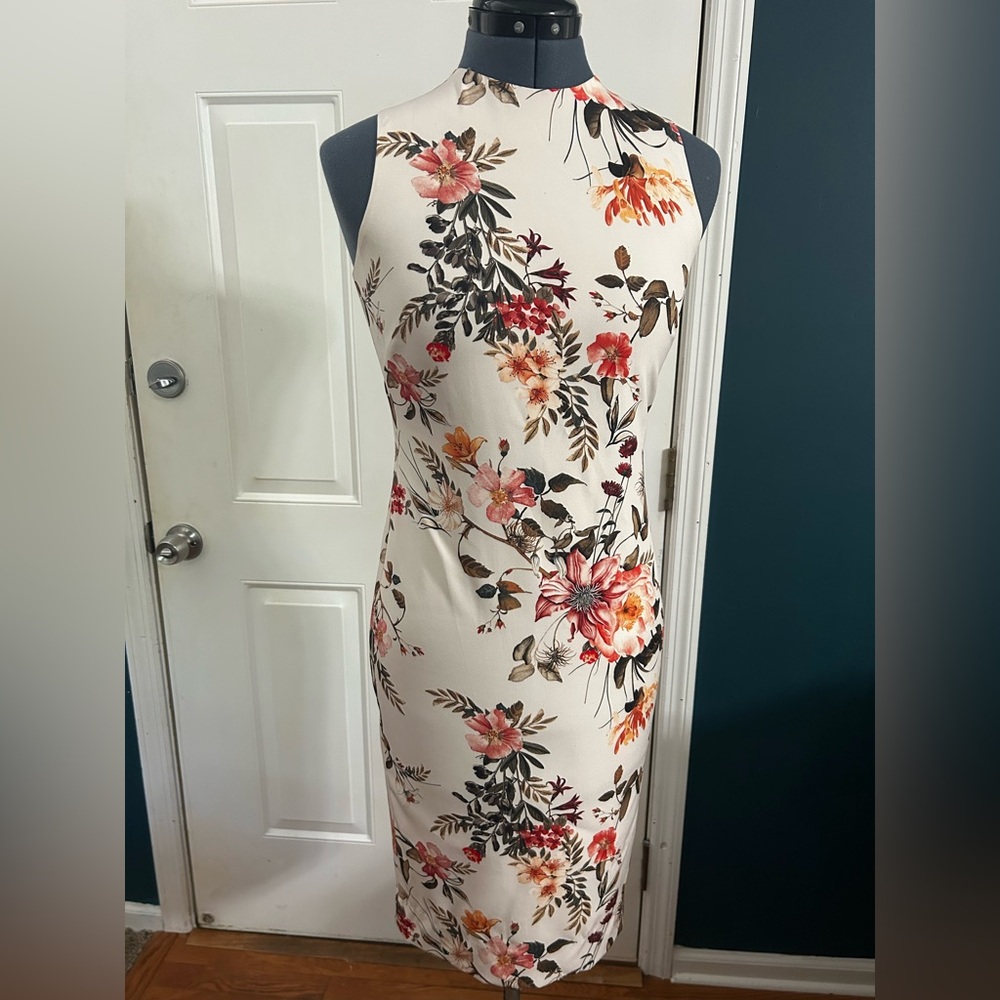ANTONIO MELANI Ivory Floral Sheath Dress with Pink and Orange Blooms